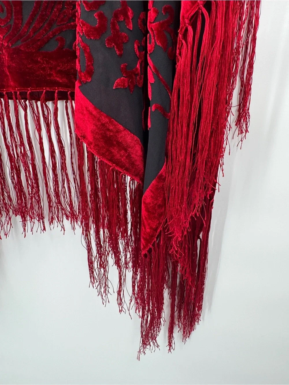 Whimsigoth Burnout Velvet Fringe Trim Poncho Fairy Goth Boho Hippie Black & Red
